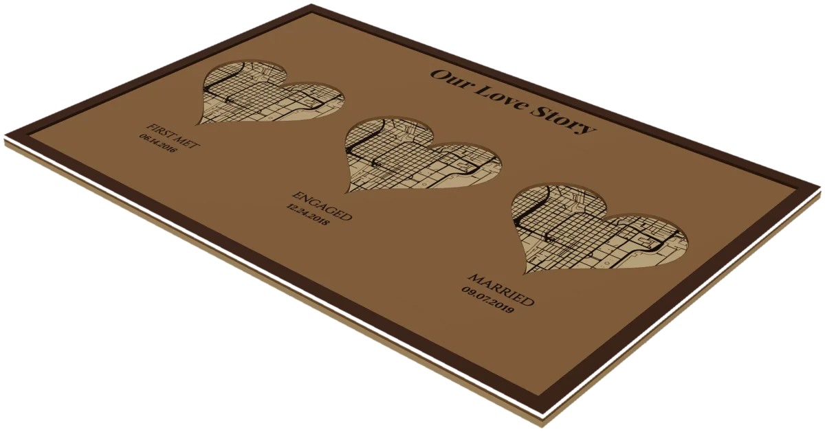 A 3D render of a rectangular wood love story map with three heart-shaped map windows labeled First Met, Engaged and Married with dates, and the title Our Love Story.