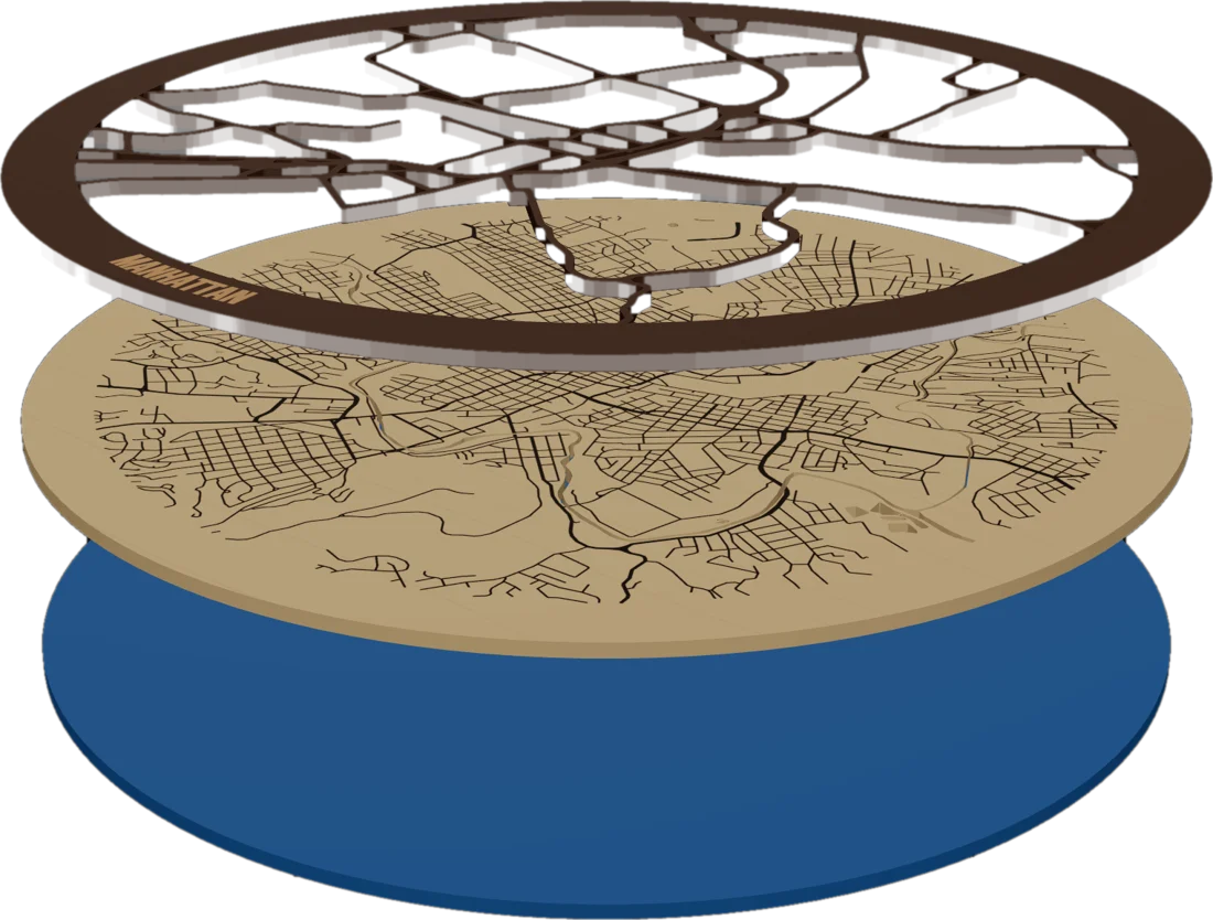 Exploded view of a three-layer round map with the top street layer welded to a dark frame band, above a tan land plate and a blue water backer.