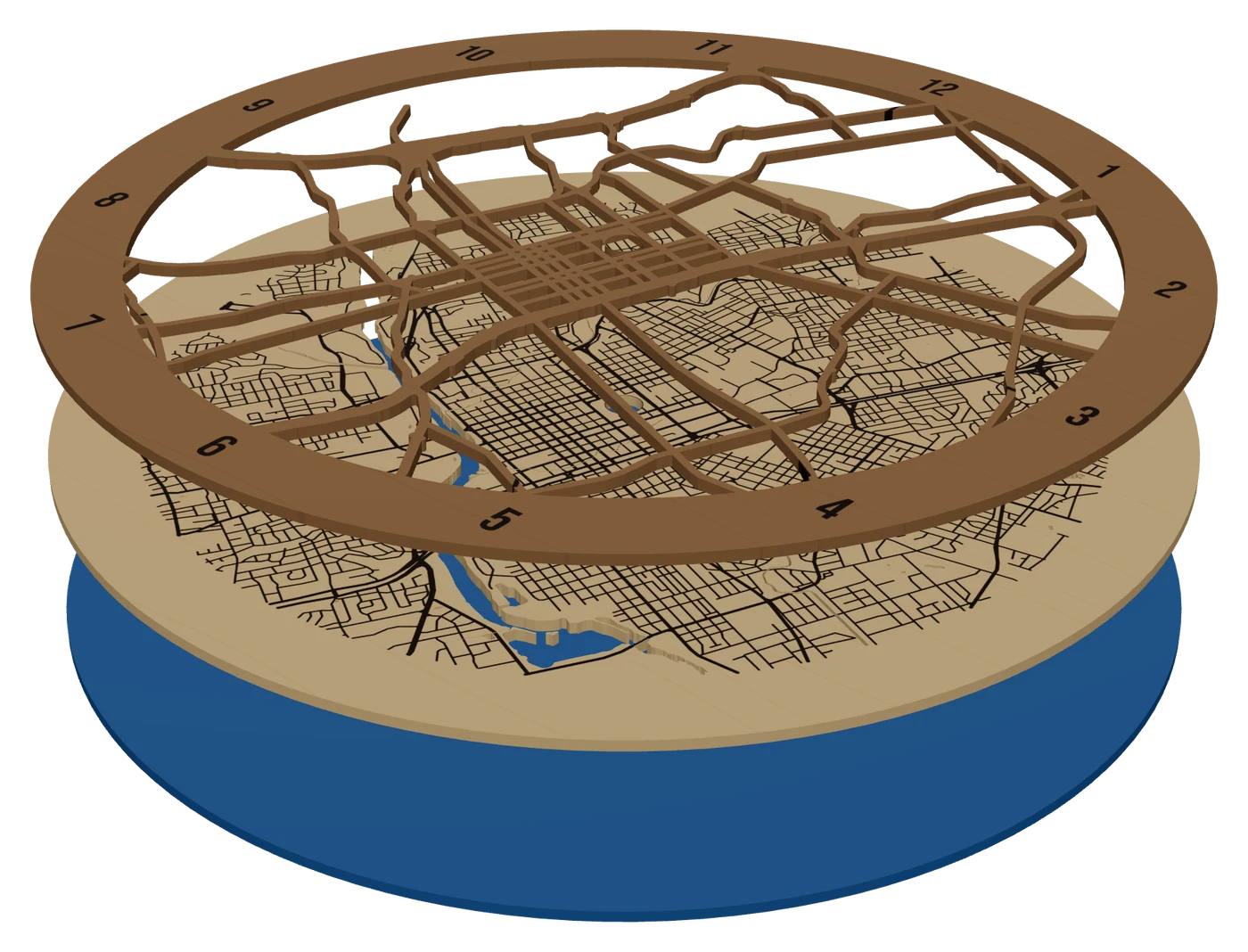 The same piece pulled apart into its layers: an Austin map clock: round layered map with the hour ring and center hole, walnut, birch and blue water