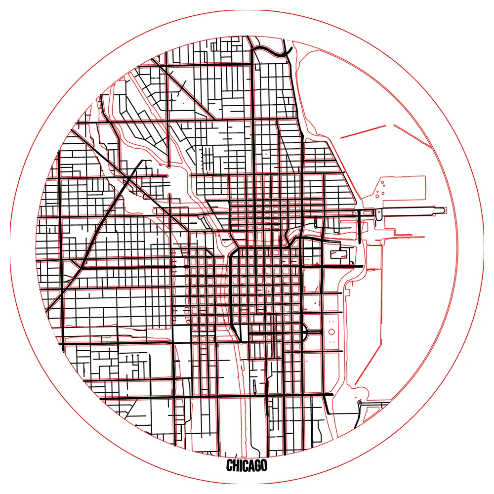 The cut file for a round Chicago Loop and lakefront map with the streets cut as walnut pieces over birch land and blue water, with cut, score and engrave lines on separate layers