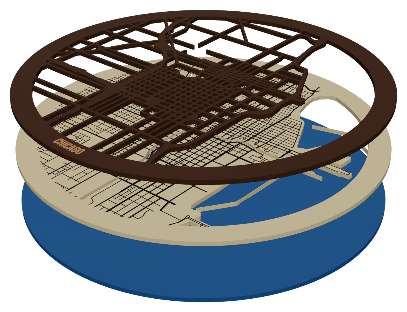 The same piece pulled apart into its layers: a round Chicago Loop and lakefront map with the streets cut as walnut pieces over birch land and blue water