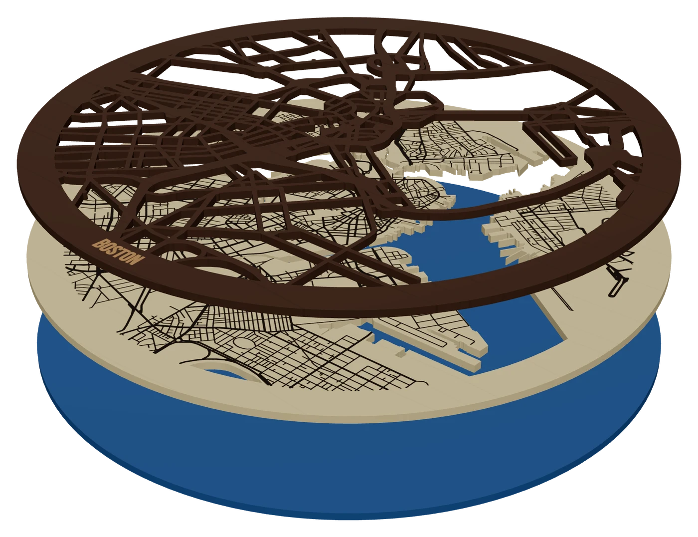 The same piece pulled apart into its layers: a round Boston harbor map in three layers: walnut streets and frame, birch land, blue acrylic water
