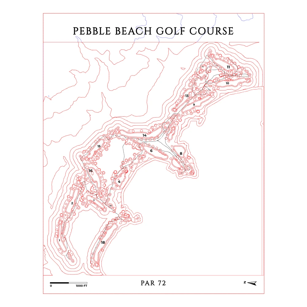 The cut file for a Pebble Beach golf course map: raised fairways and green trees on a wood board over blue water, with cut, score and engrave lines on separate layers