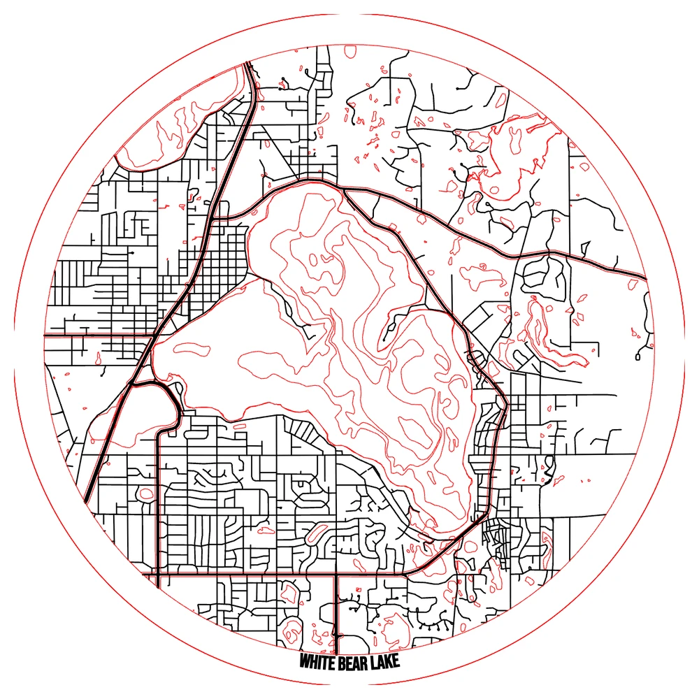 The cut file for a White Bear Lake, Minnesota depth map: the lake cut down in stepped blue levels from the survey, birch land, walnut roads, with cut, score and engrave lines on separate layers