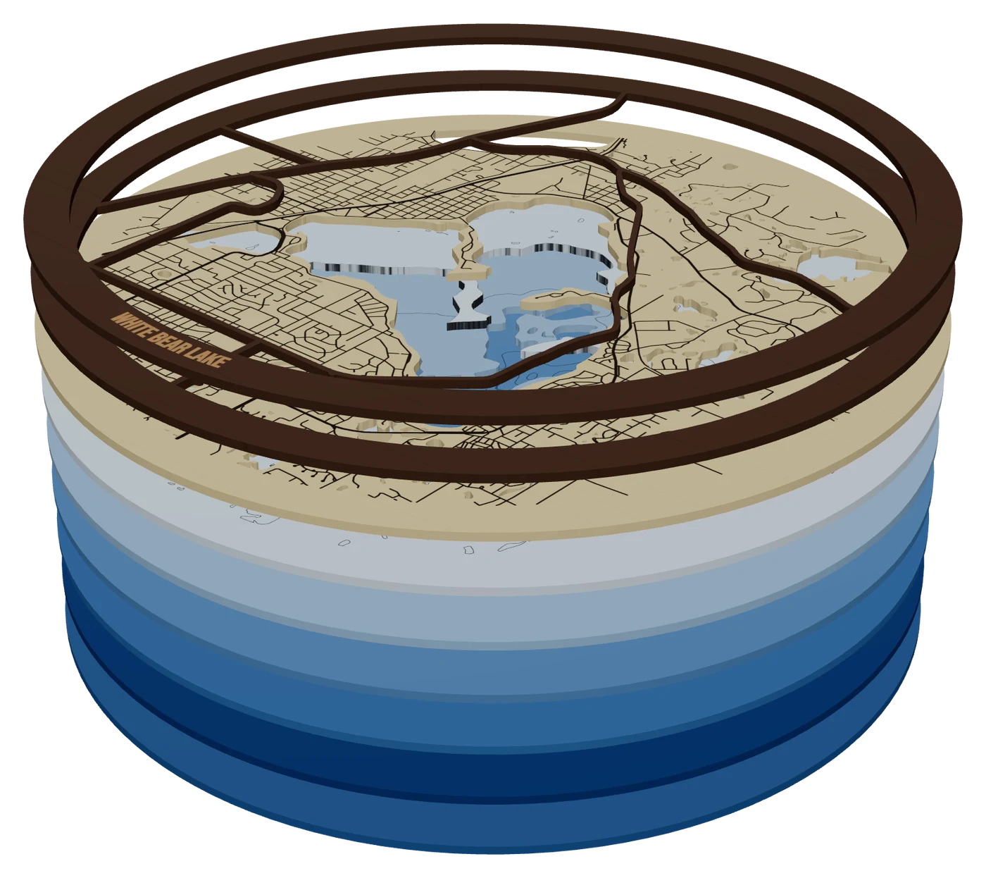 The same piece pulled apart into its layers: a White Bear Lake, Minnesota depth map: the lake cut down in stepped blue levels from the survey, birch land, walnut roads
