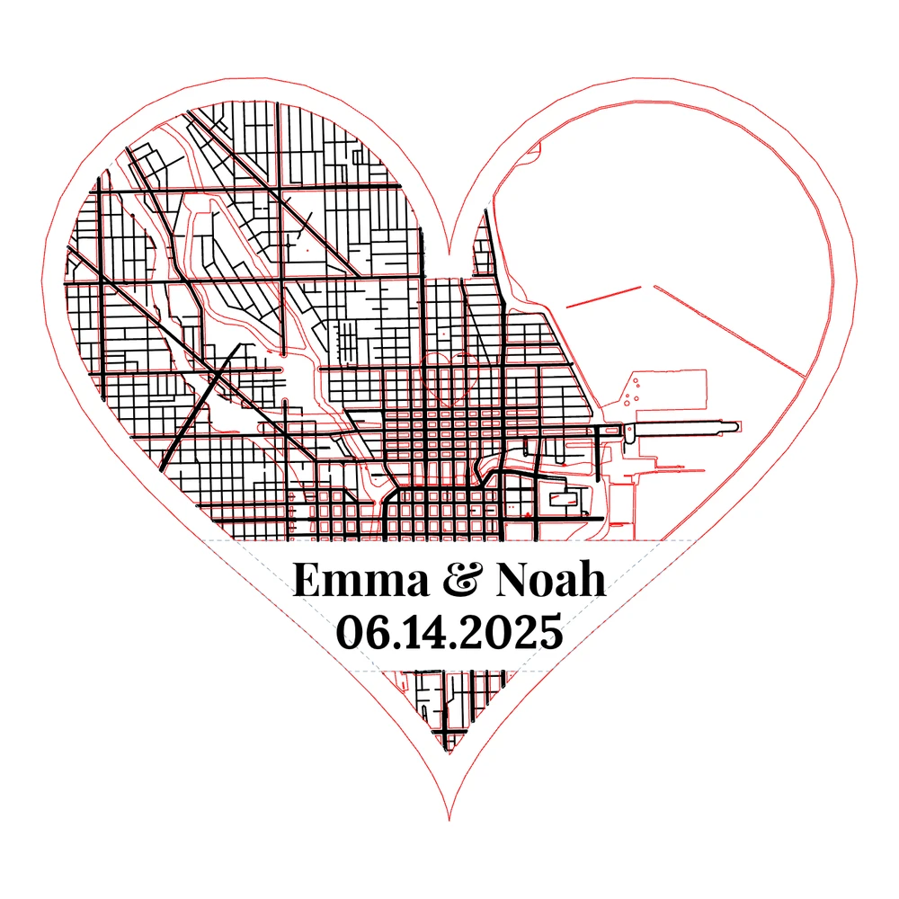 The cut file for a heart-shaped Chicago love story map with Emma & Noah and 06.14.2025, walnut streets over birch land and blue water, with cut, score and engrave lines on separate layers