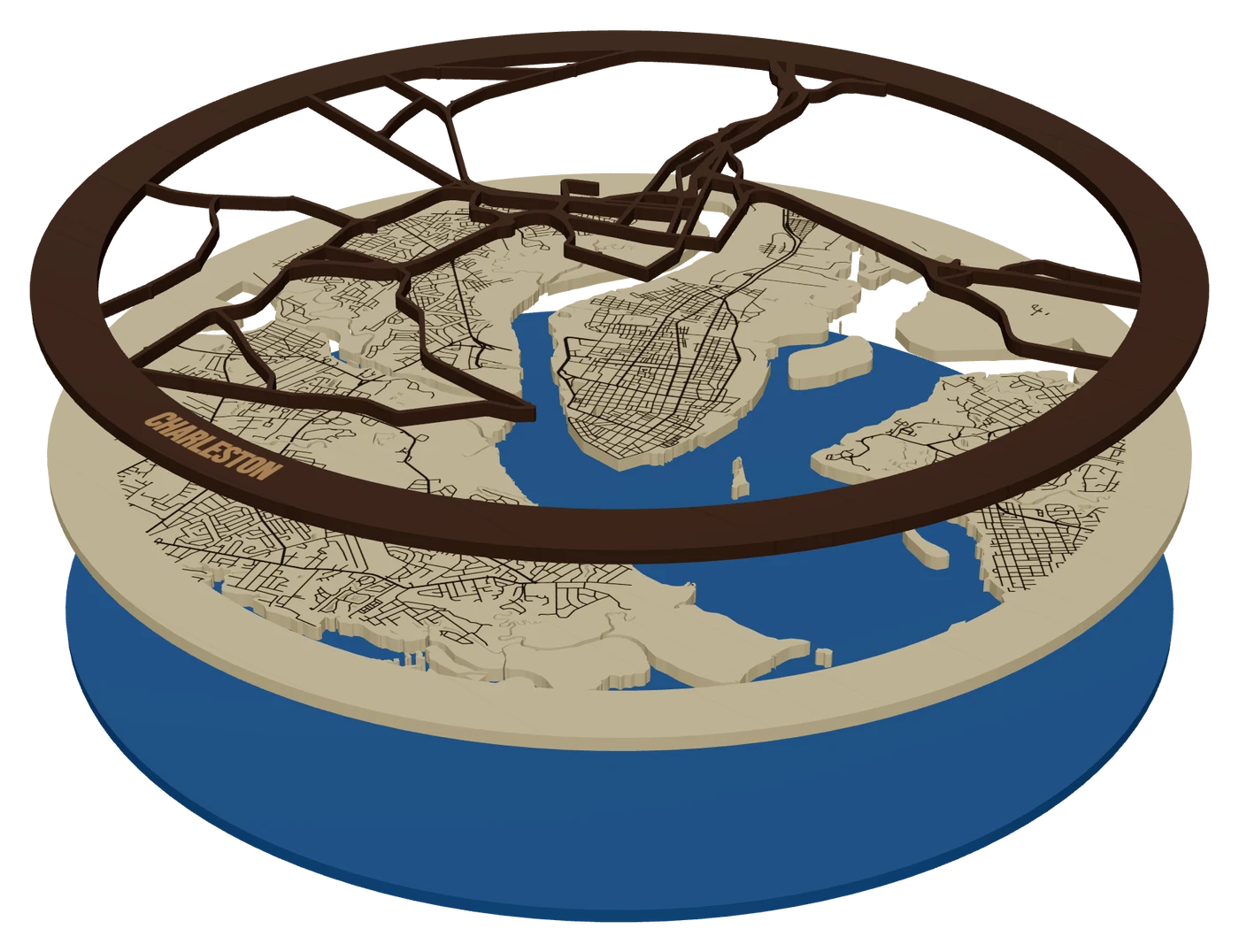 The same piece pulled apart into its layers: a round Charleston, SC layered map: walnut streets and frame, birch land, blue acrylic water