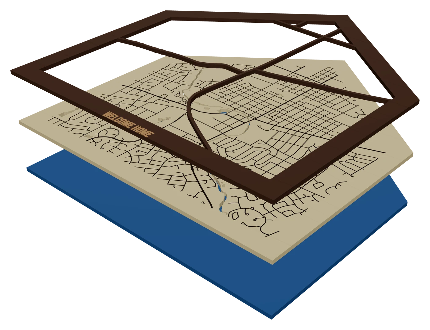 The same piece pulled apart into its layers: a house-shaped Naperville neighborhood map with WELCOME HOME on the frame, walnut over birch and blue