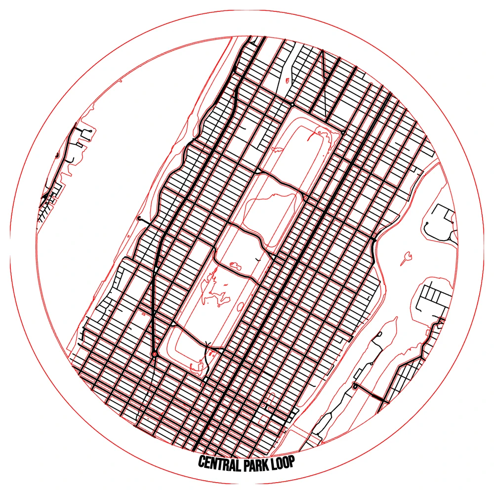 The cut file for a Central Park loop route map from a GPX track, rectangular, walnut over birch and blue, with cut, score and engrave lines on separate layers
