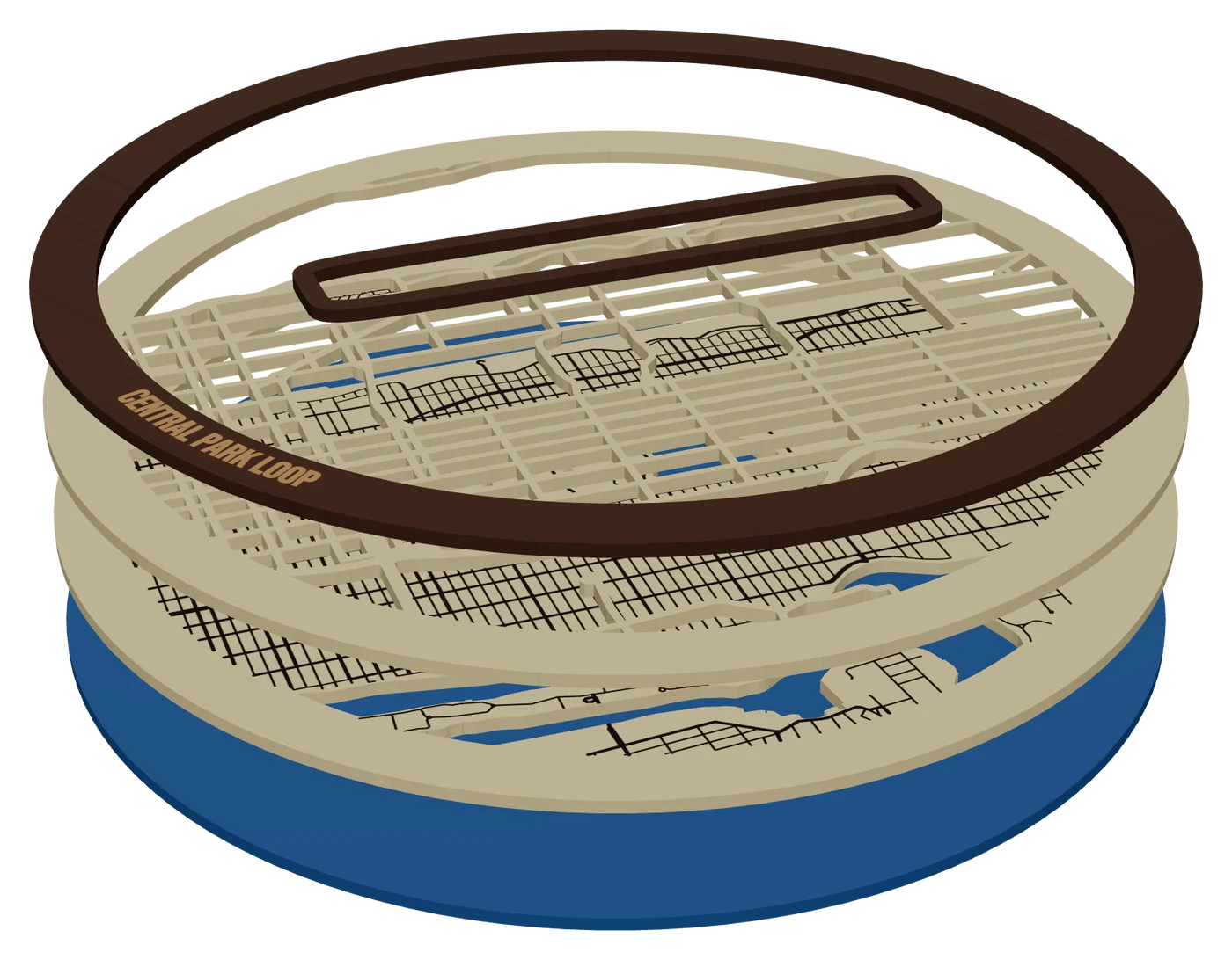 The same piece pulled apart into its layers: a Central Park loop route map from a GPX track, rectangular, walnut over birch and blue