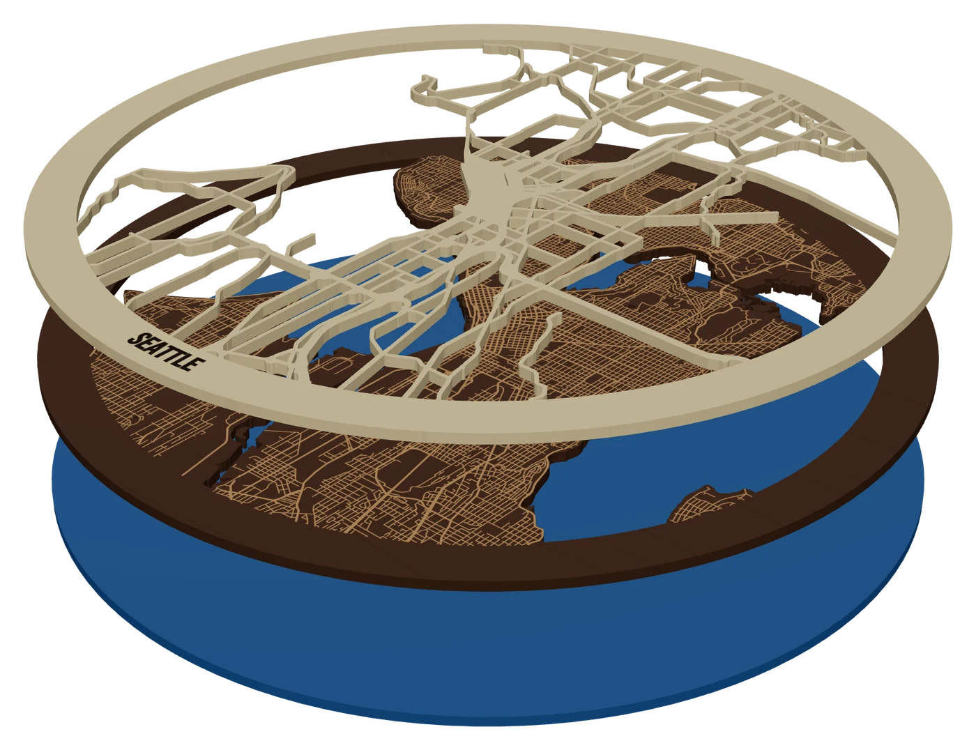 The same piece pulled apart into its layers: a round Seattle stacked map: walnut land, maple streets, blue acrylic water showing through