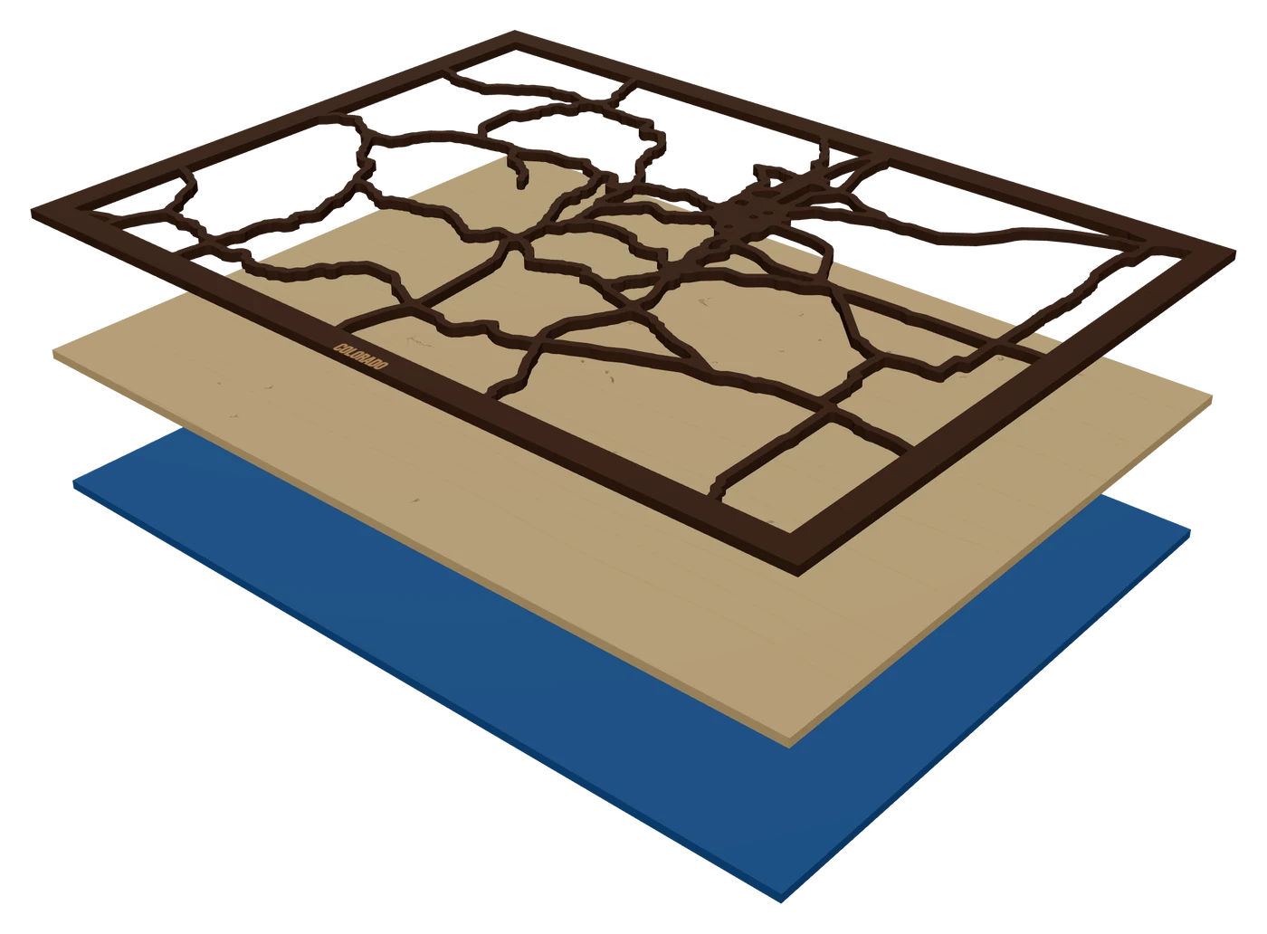 The same piece pulled apart into its layers: a Colorado state-outline map: walnut raised highways, birch land with lakes cut through, blue acrylic backer