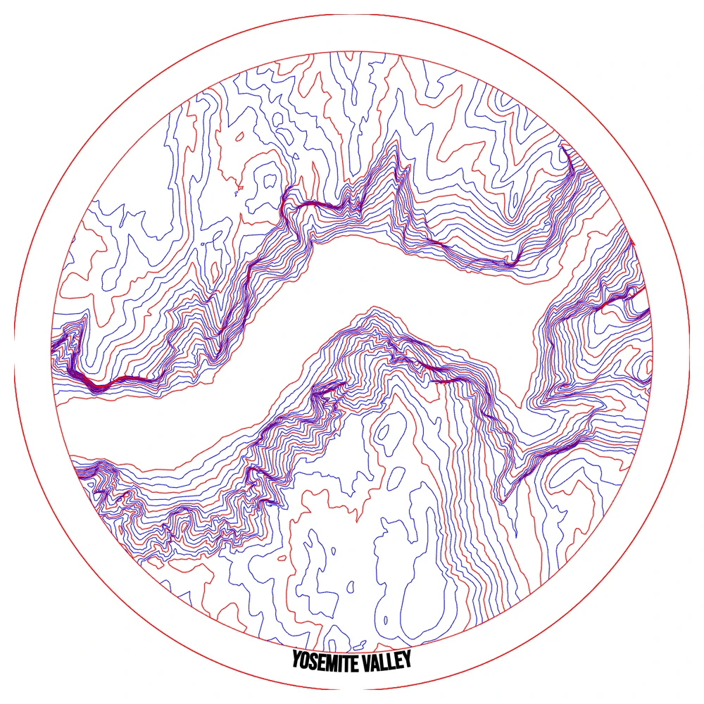 The cut file for a round Yosemite Valley terrain map built up in stepped wood layers, with cut, score and engrave lines on separate layers