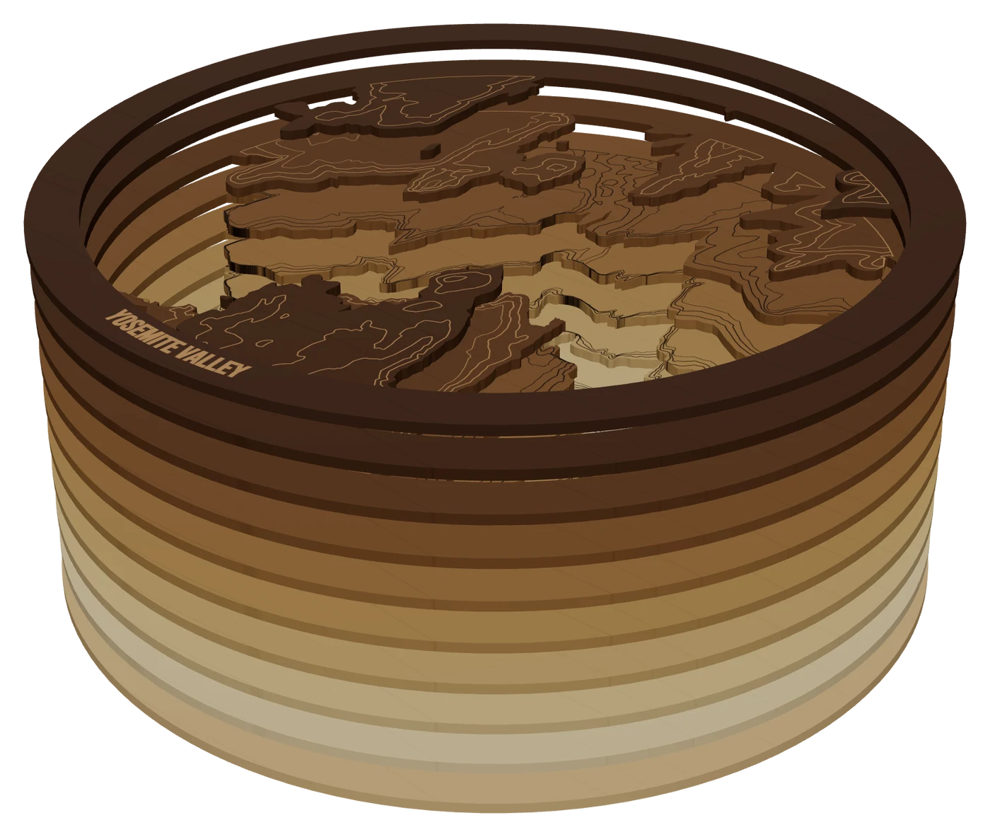 The same piece pulled apart into its layers: a round Yosemite Valley terrain map built up in stepped wood layers