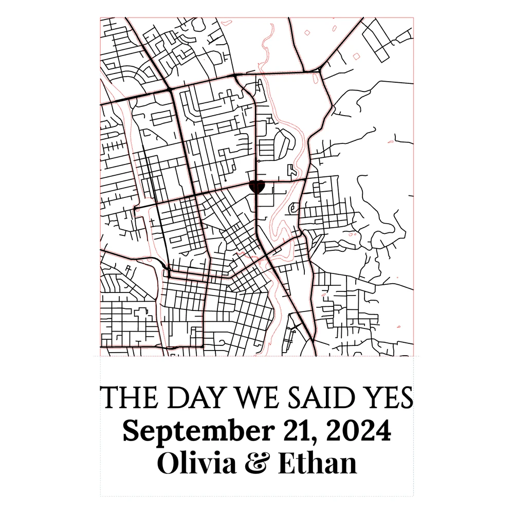The cut file for a Napa memory poster reading THE DAY WE SAID YES, September 21, 2024, Olivia & Ethan, in walnut, birch and blue acrylic, with cut, score and engrave lines on separate layers