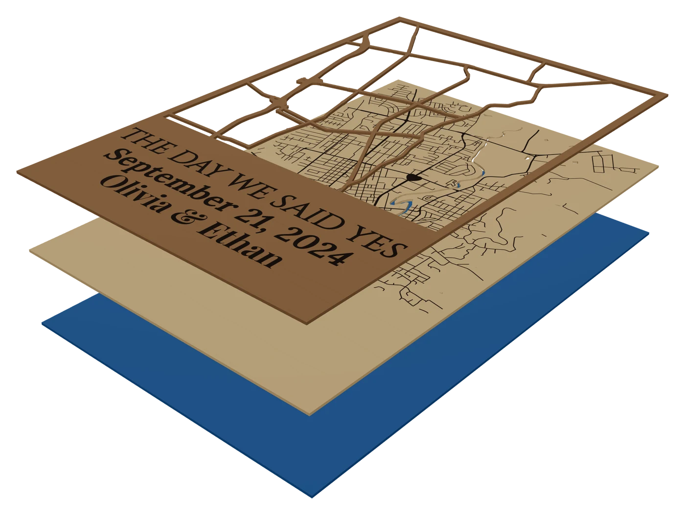 The same piece pulled apart into its layers: a Napa memory poster reading THE DAY WE SAID YES, September 21, 2024, Olivia & Ethan, in walnut, birch and blue acrylic