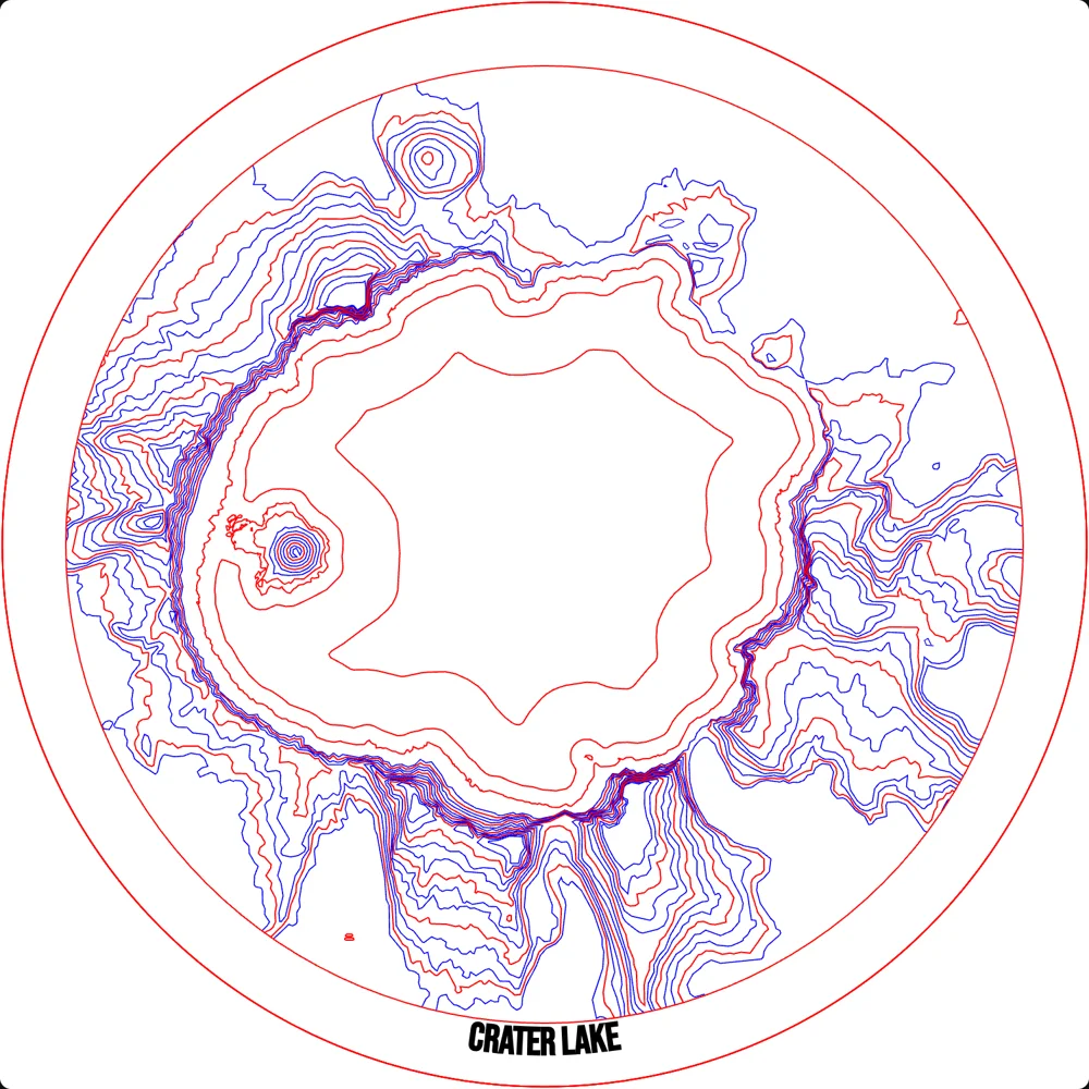 The Crater Lake cut file: depth and terrain contours as separate cut and score lines