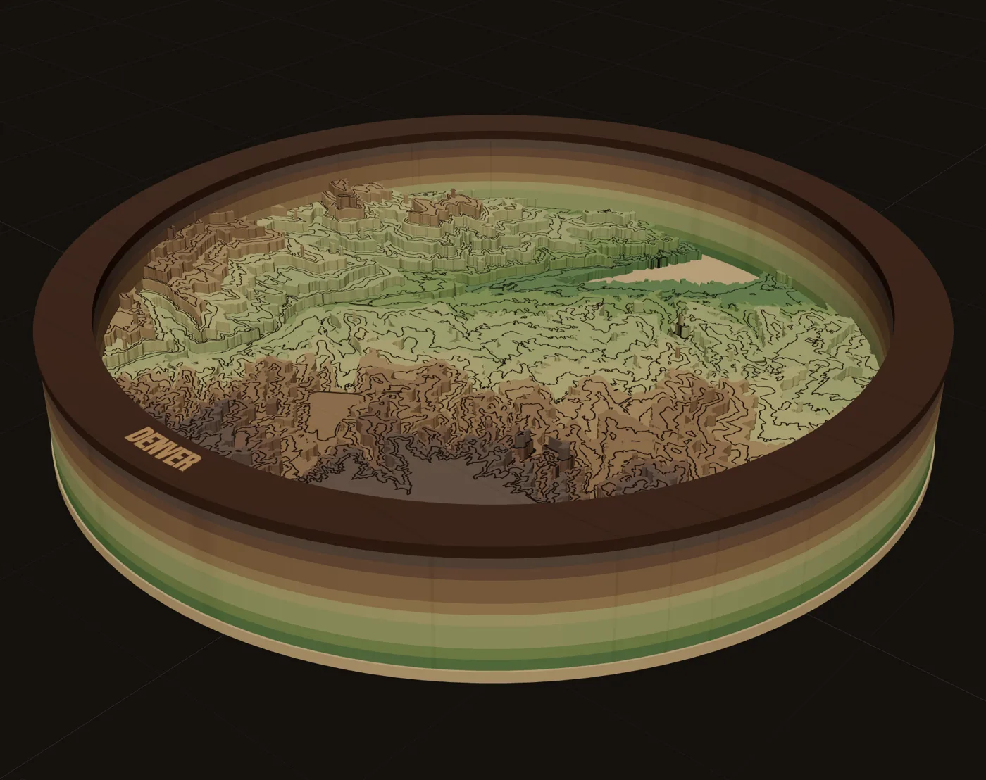 Denver and the Front Range, a layered laser-cut map