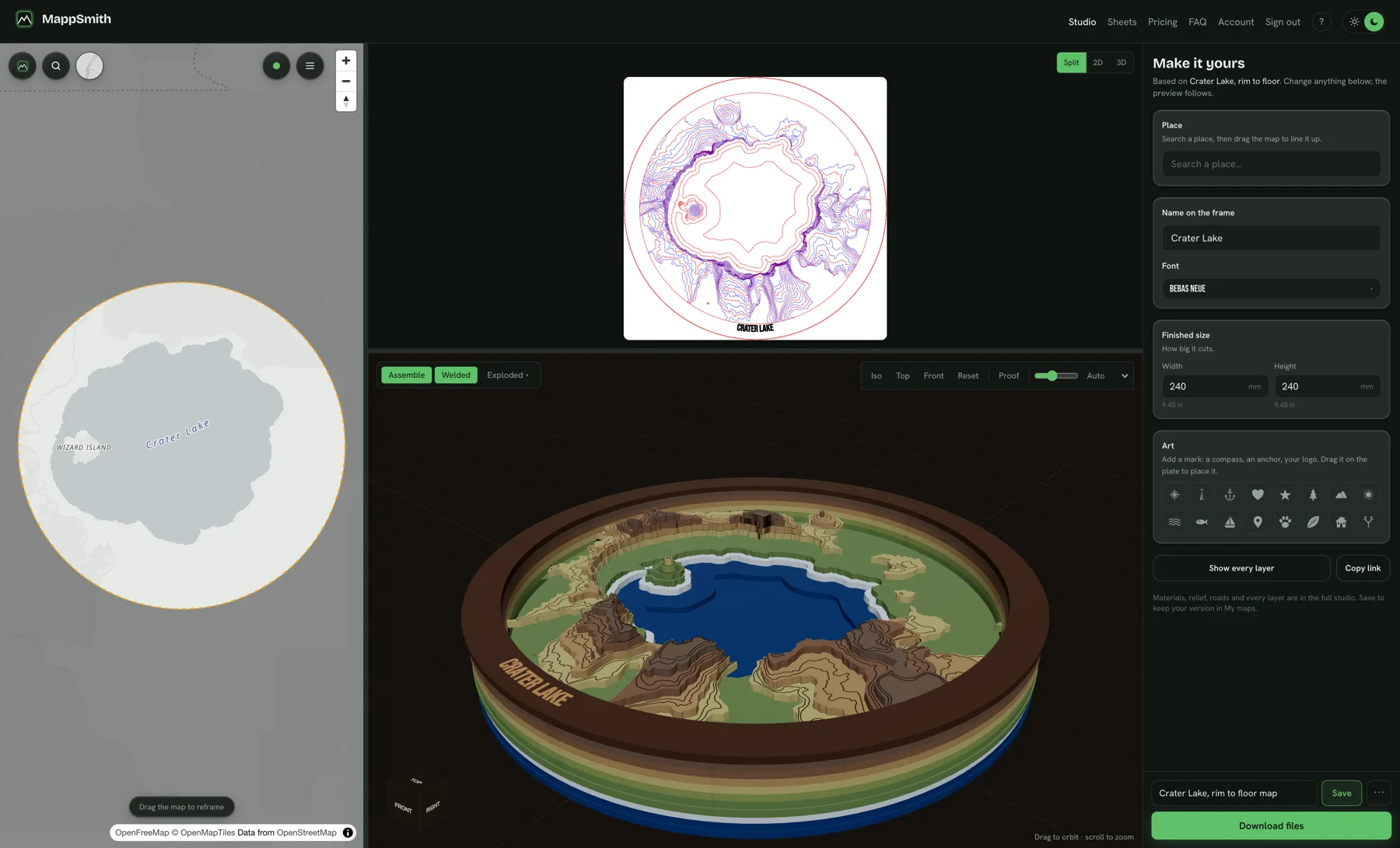 The Studio building Crater Lake: the cut file above and the stepped 3D piece below, rim to floor