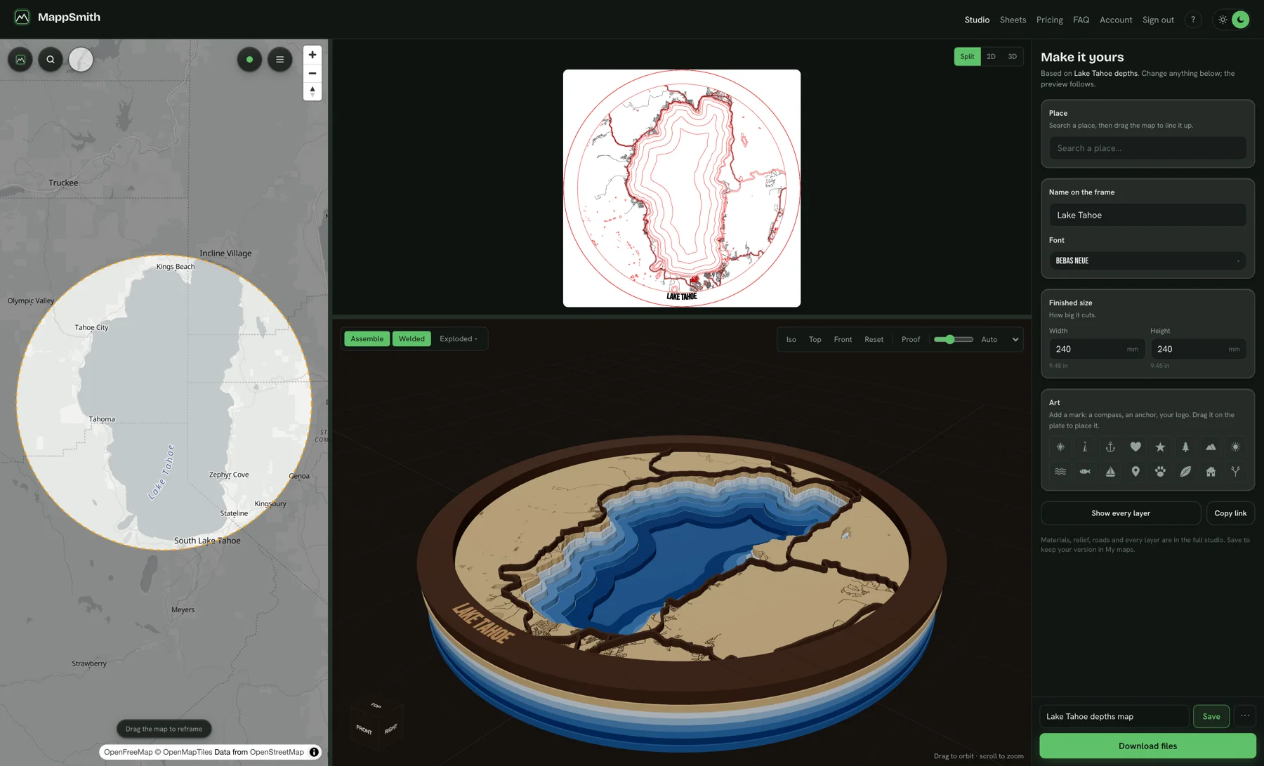 The MappSmith Studio with Lake Tahoe framed in a circle, the cut file and a 3D preview beside it