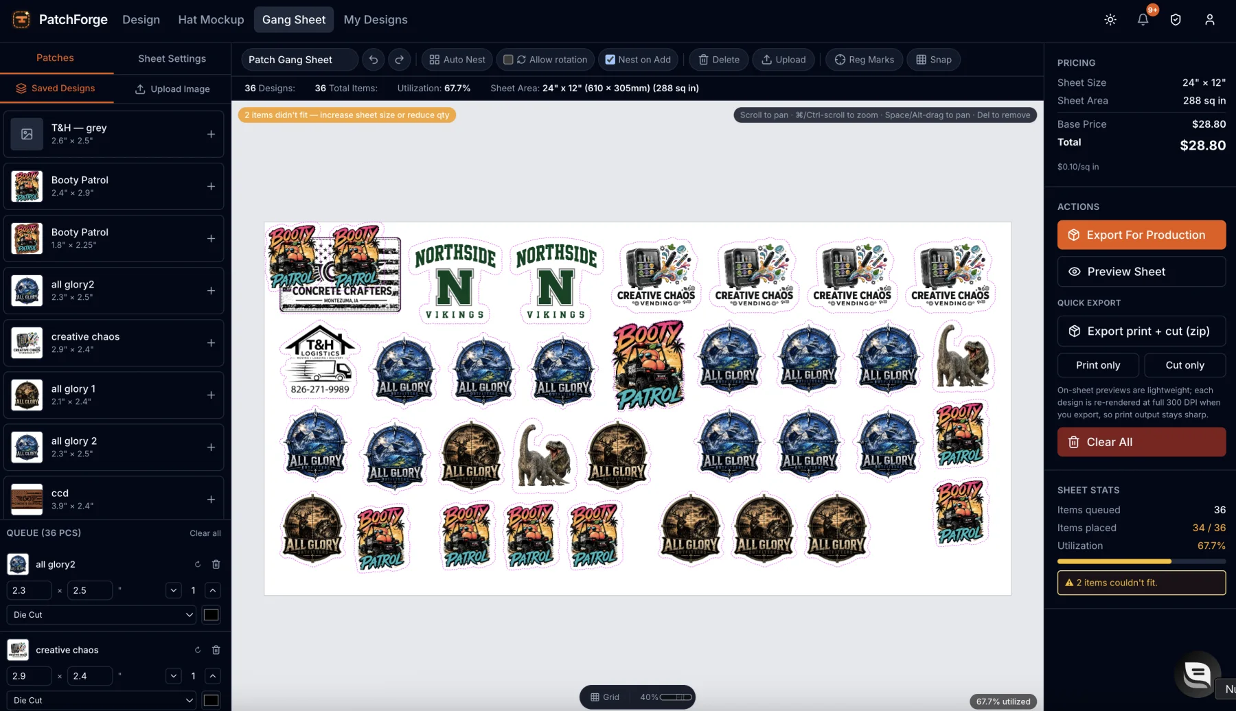 A PatchForge gang sheet with patches nested and registration marks