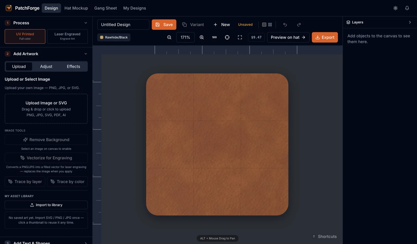 The PatchForge patch builder with a leather patch, its cut line, and the material panel