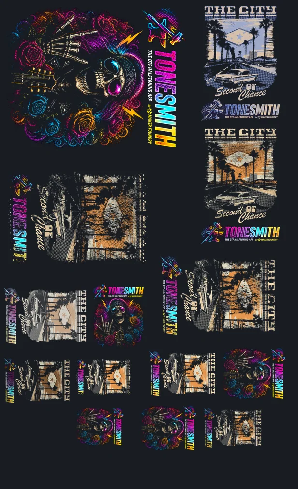A 22 by 36 inch gang sheet with 14 designs packed by Auto Nest
