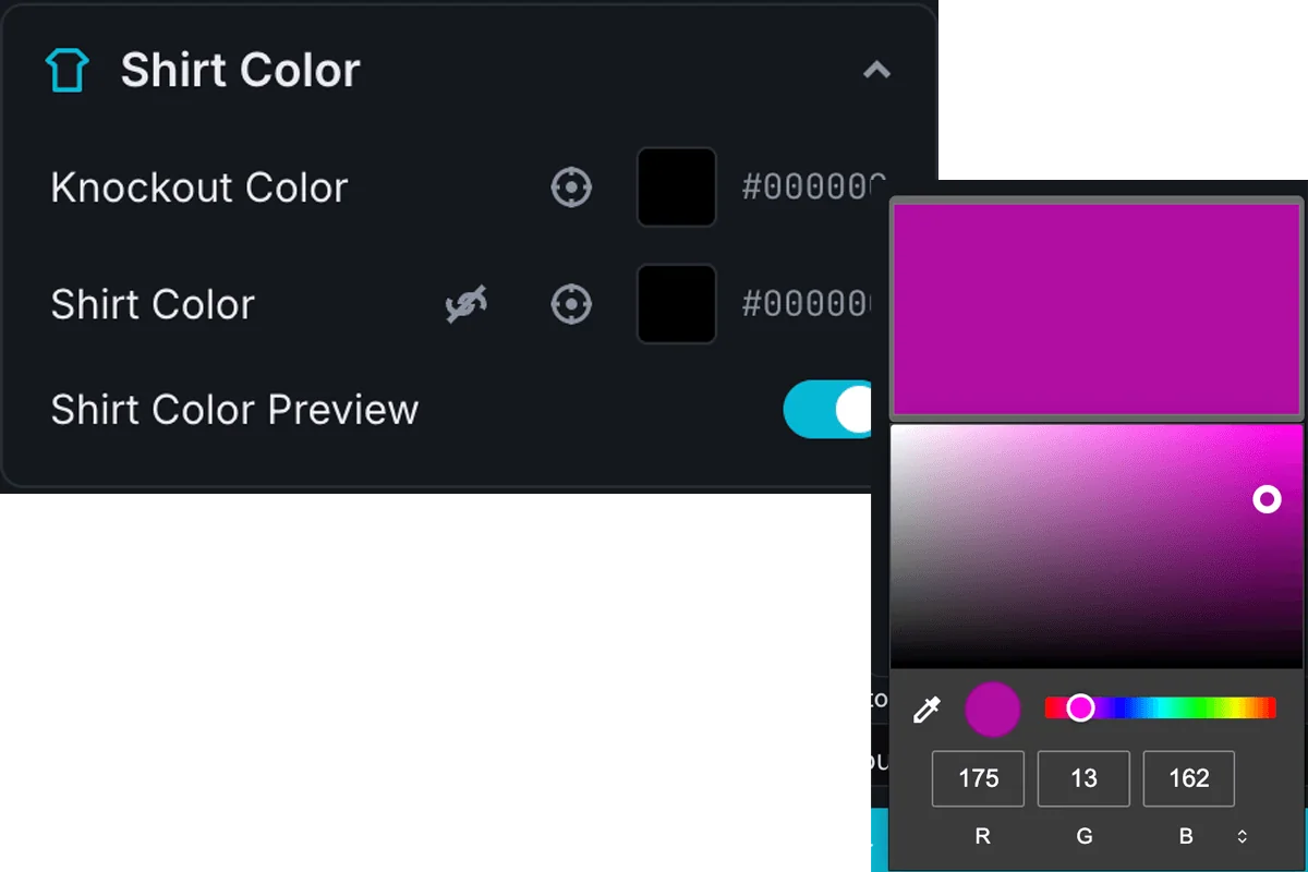 The Shirt Color panel with the knockout colour picked