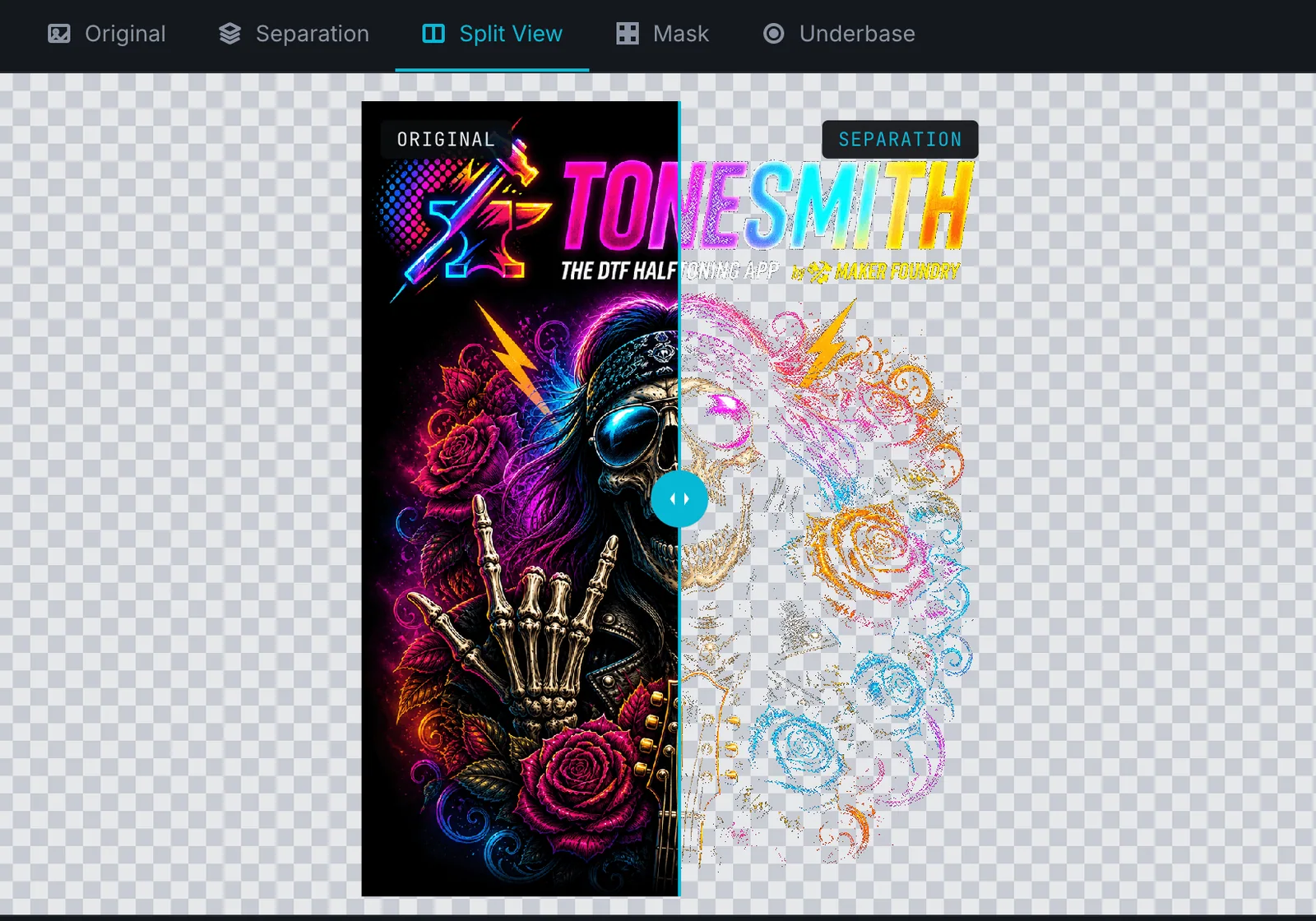 The preview tabs: original, separation, slider, mask and underbase