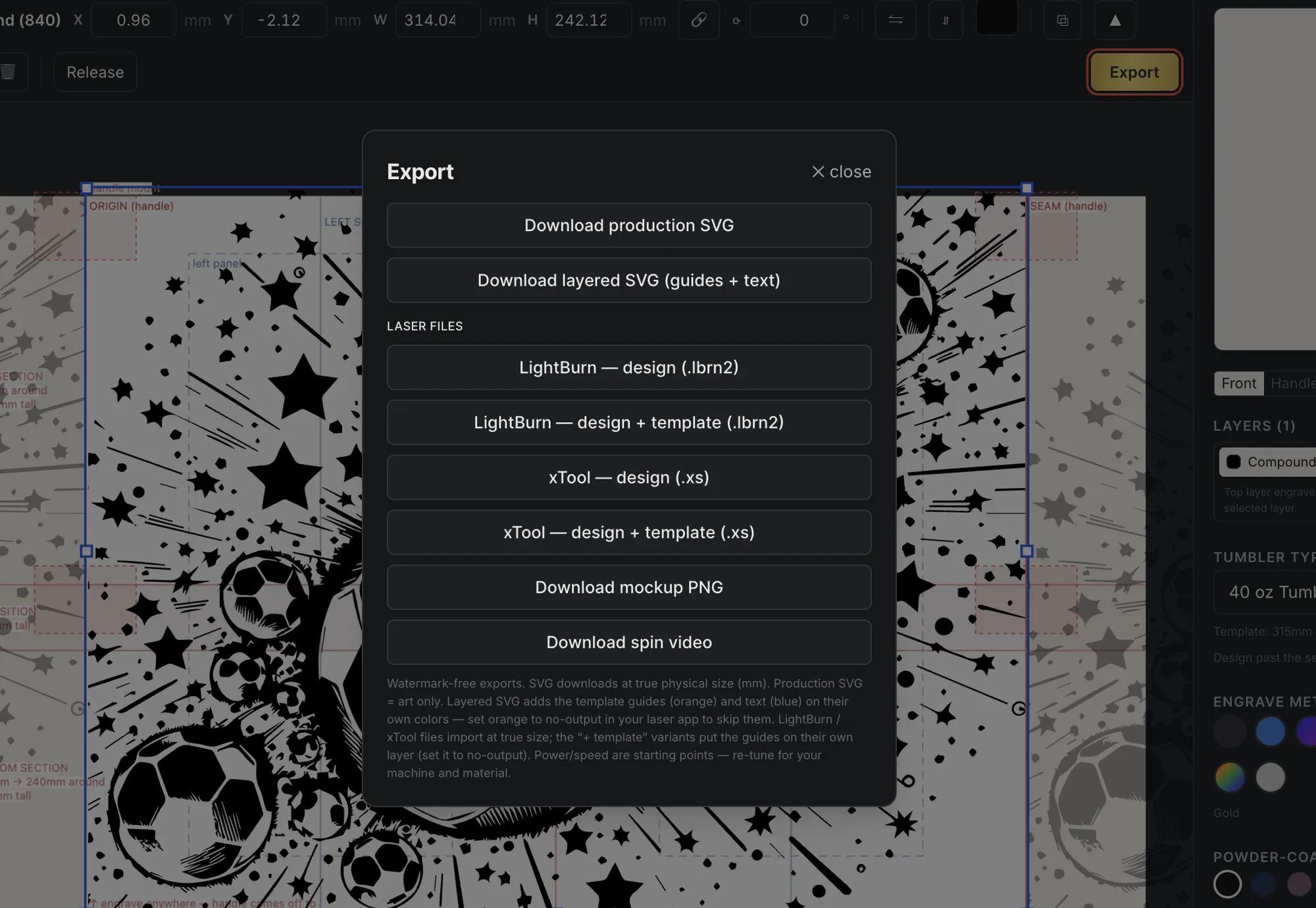 The export panel with layered SVG, LightBurn and xTool buttons