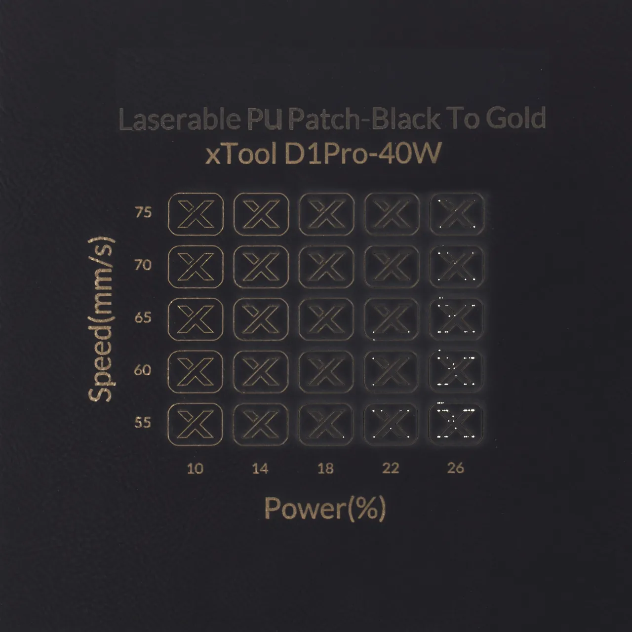 Black to Gold Round Laserable Leatherette Iron-on Patch test grid